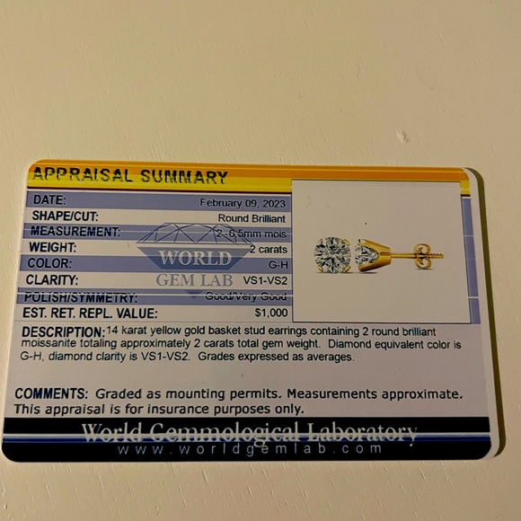 2 Ct. Moissanite 14K Gold Plated Screwback Studs - Picture 4 of 7